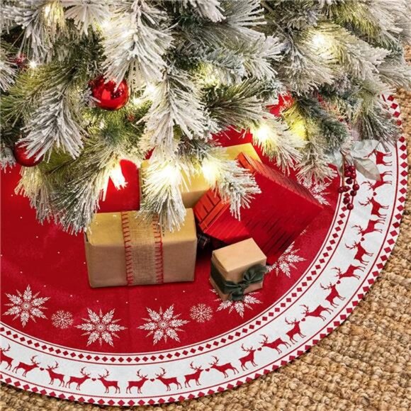 48-inch Christmas Tree Skirt - Snowflake & Reindeer Design, Rustic Red - Picture 5 of 7
